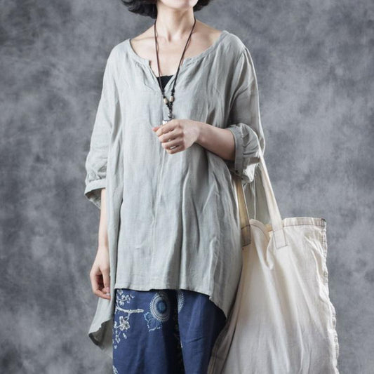 Summer Cotton Soild Asymmetric Three Quarter Sleeve Shirt