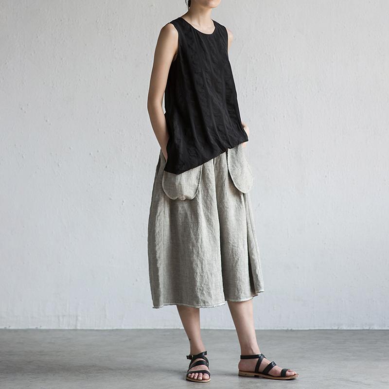 Summer Linen Solid Color Gray Wide Leg Pants