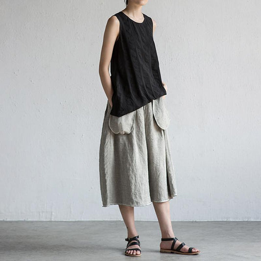 Summer Linen Solid Color Gray Wide Leg Pants