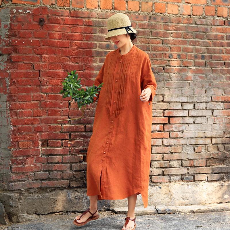 Summer Literary Single Breasted Linen Loose Shirt Dress