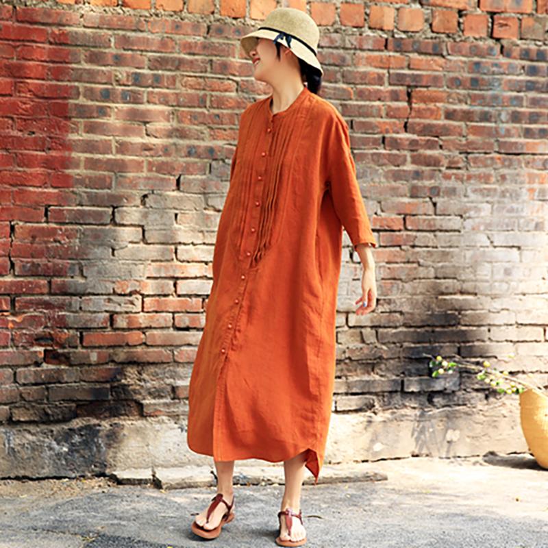 Summer Literary Single Breasted Linen Loose Shirt Dress