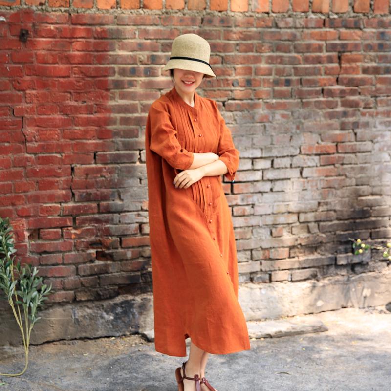 Summer Literary Single Breasted Linen Loose Shirt Dress