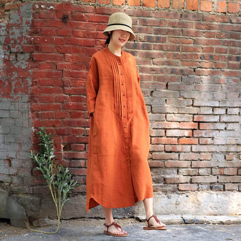 Summer Literary Single Breasted Linen Loose Shirt Dress