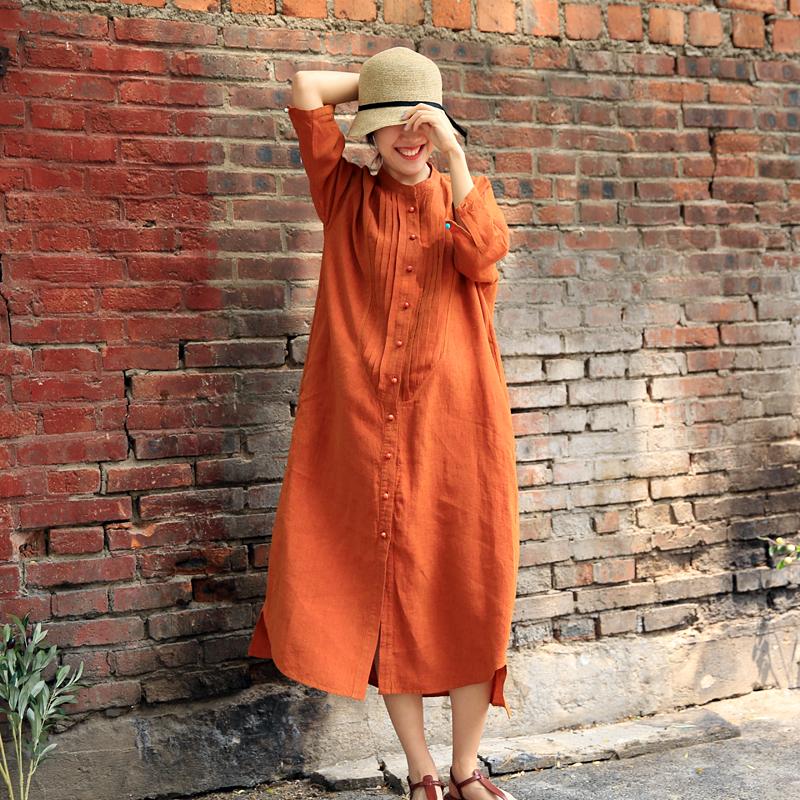 Summer Literary Single Breasted Linen Loose Shirt Dress