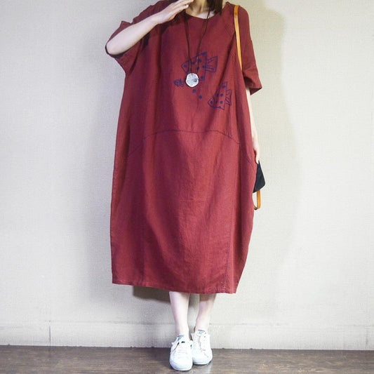 Summer Loose Embroidered Fishes Midi Dress