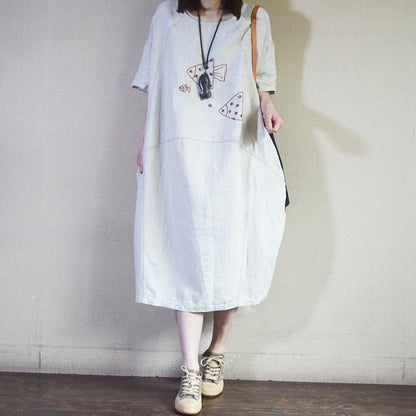 Summer Loose Embroidered Fishes Midi Dress