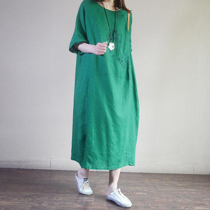 Summer Loose Embroidered Fishes Midi Dress