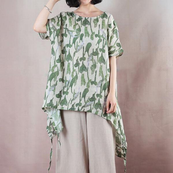 Summer Loose Green Leaves Irregular Hem Linen Blouse