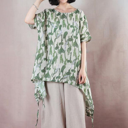 Summer Loose Green Leaves Irregular Hem Linen Blouse