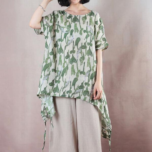 Summer Loose Green Leaves Irregular Hem Linen Blouse