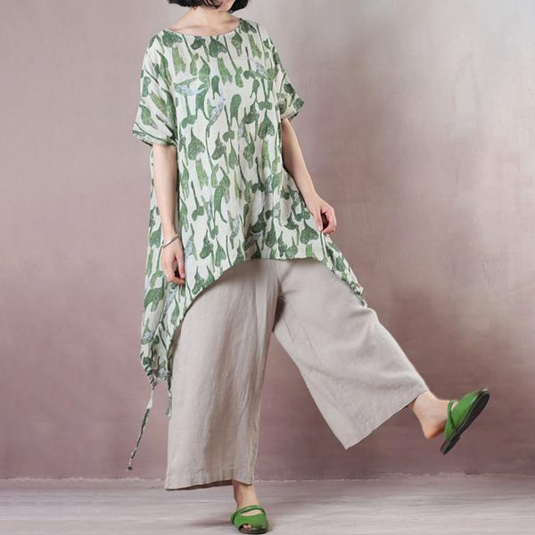 Summer Loose Green Leaves Irregular Hem Linen Blouse