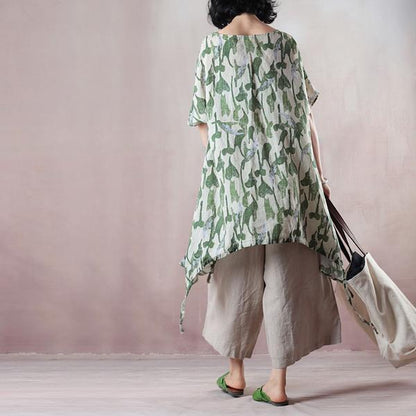 Summer Loose Green Leaves Irregular Hem Linen Blouse