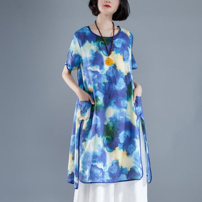 Short Sleeve Slit Summer Casual Printed Dress
