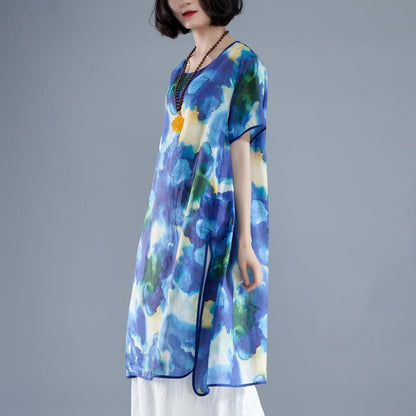 Short Sleeve Slit Summer Casual Printed Dress