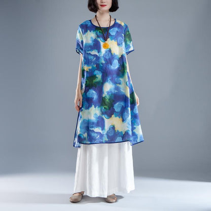 Short Sleeve Slit Summer Casual Printed Dress