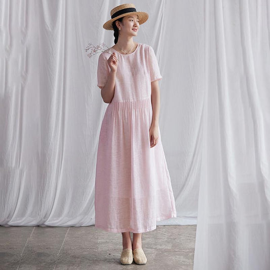 Summer Round Neck Back Lacing Pink Dress