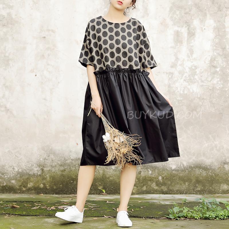 Summer Short Sleeve Black Pockets Dots Women Dress