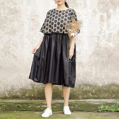 Summer Short Sleeve Black Pockets Dots Women Dress