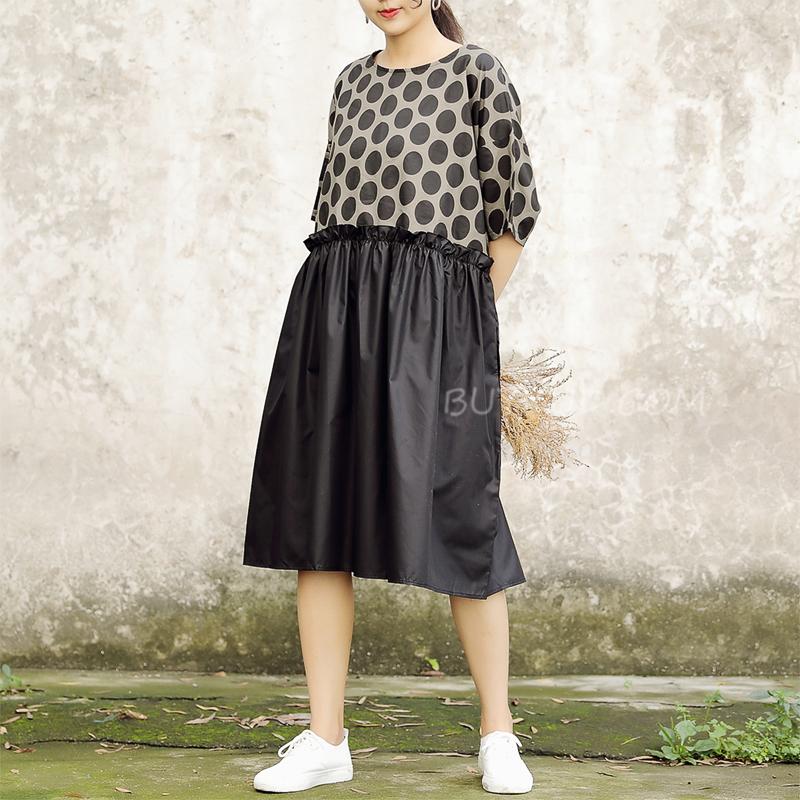 Summer Short Sleeve Black Pockets Dots Women Dress