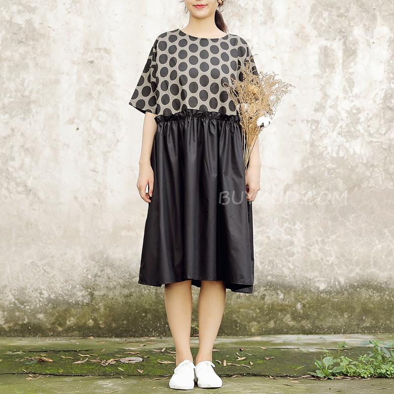 Summer Short Sleeve Black Pockets Dots Women Dress