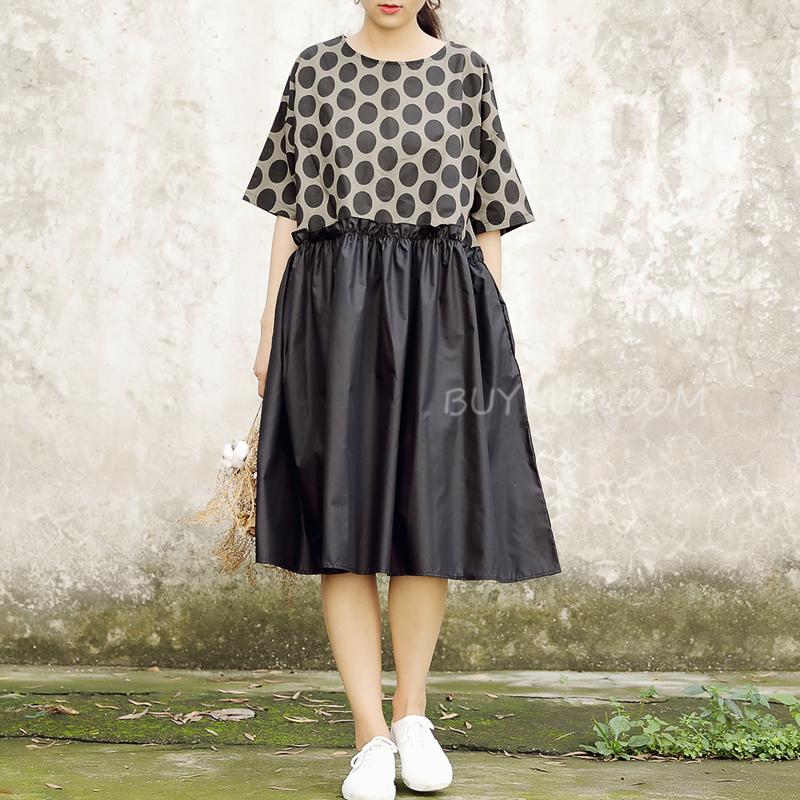 Summer Short Sleeve Black Pockets Dots Women Dress