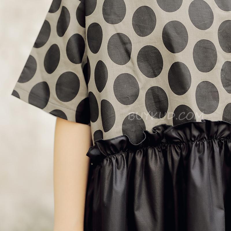 Summer Short Sleeve Black Pockets Dots Women Dress