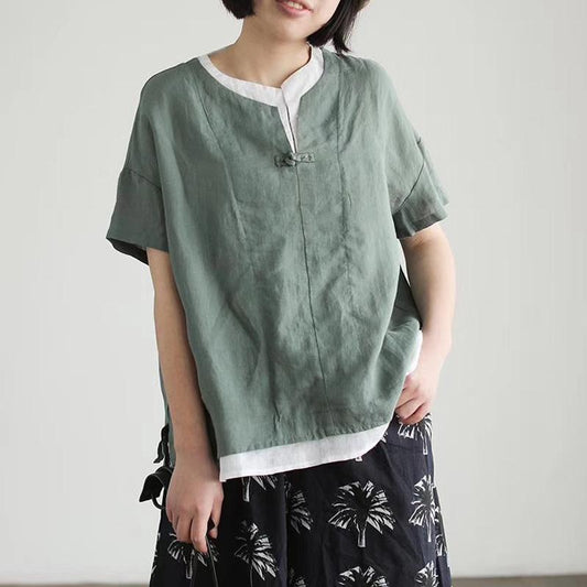 Summer Short Sleeve Cotton Linen Blouse
