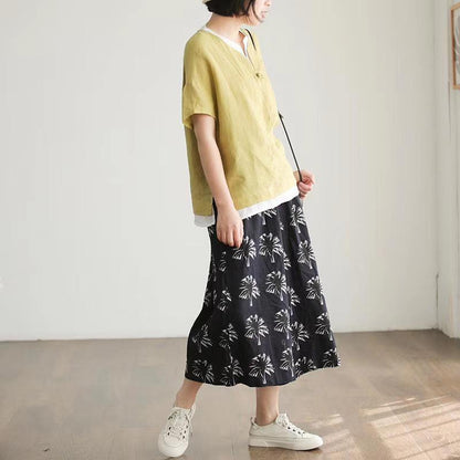 Summer Short Sleeve Cotton Linen Blouse