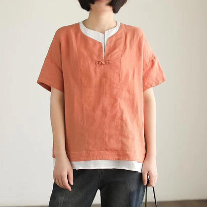 Summer Short Sleeve Cotton Linen Blouse