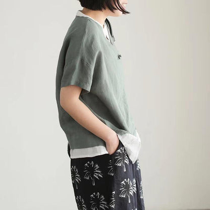 Summer Short Sleeve Cotton Linen Blouse