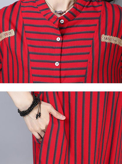 Summer Short Sleeve Striped Shirt Dress With Button