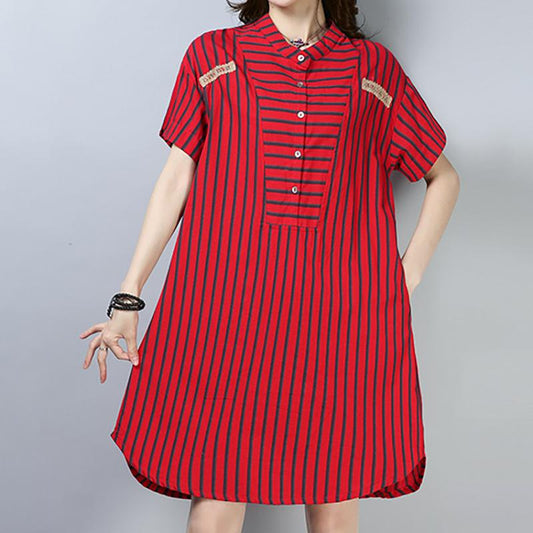 Summer Short Sleeve Striped Shirt Dress With Button