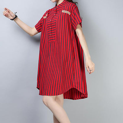 Summer Short Sleeve Striped Shirt Dress With Button