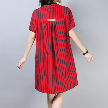 Summer Short Sleeve Striped Shirt Dress With Button