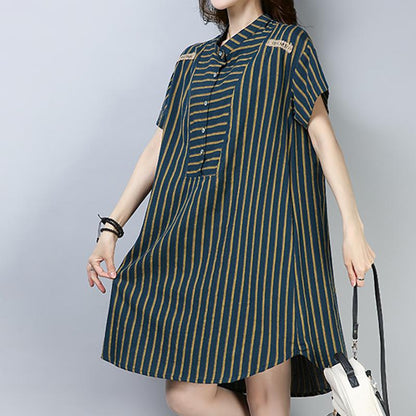 Summer Short Sleeve Striped Shirt Dress With Button