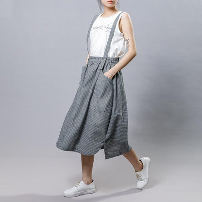 Summer Stripe Casual Literary Suspender Skirt