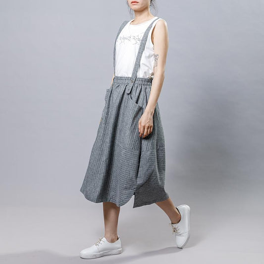 Summer Stripe Casual Literary Suspender Skirt