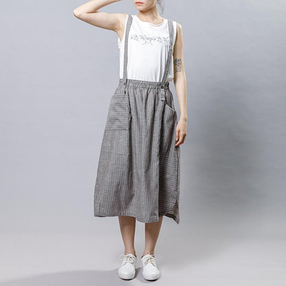 Summer Stripe Casual Literary Suspender Skirt