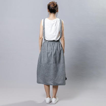 Summer Stripe Casual Literary Suspender Skirt