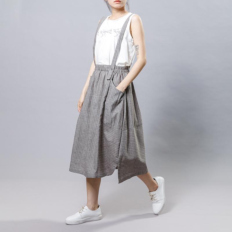 Summer Stripe Casual Literary Suspender Skirt