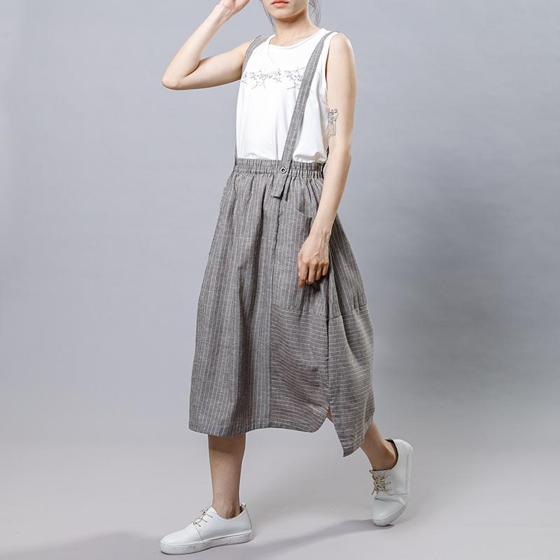 Summer Stripe Casual Literary Suspender Skirt