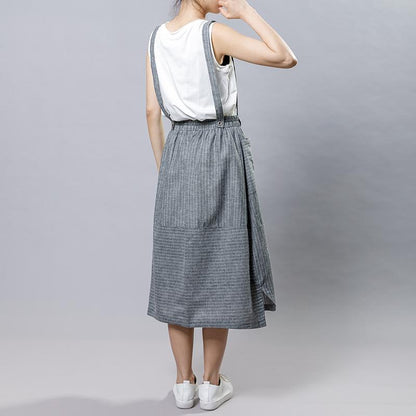 Summer Stripe Casual Literary Suspender Skirt