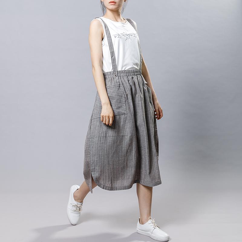 Summer Stripe Casual Literary Suspender Skirt