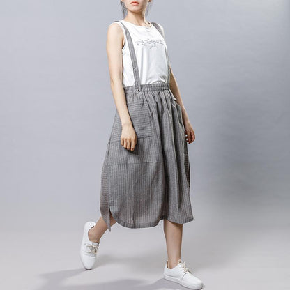 Summer Stripe Casual Literary Suspender Skirt