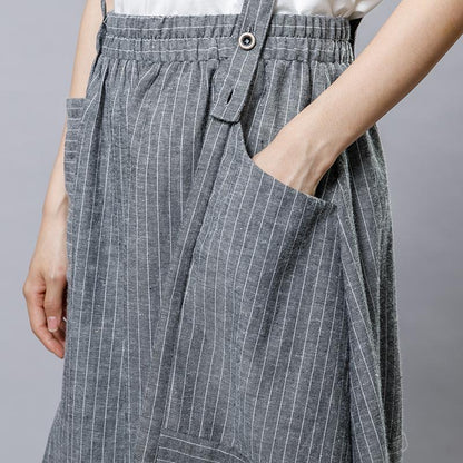 Summer Stripe Casual Literary Suspender Skirt