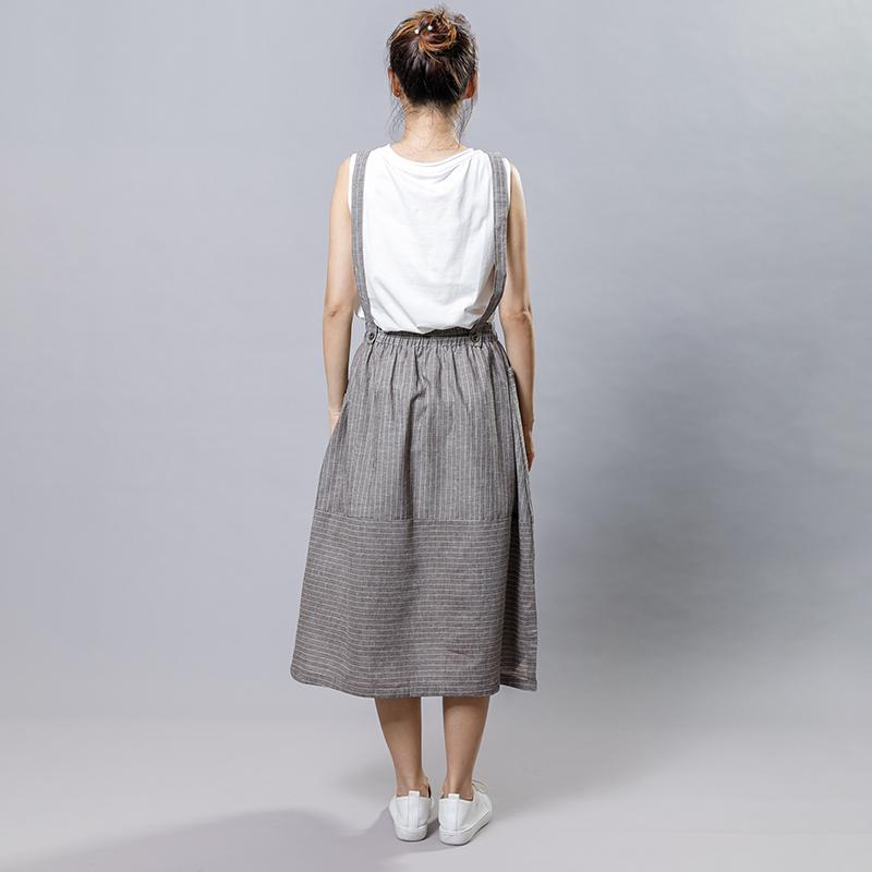 Summer Stripe Casual Literary Suspender Skirt