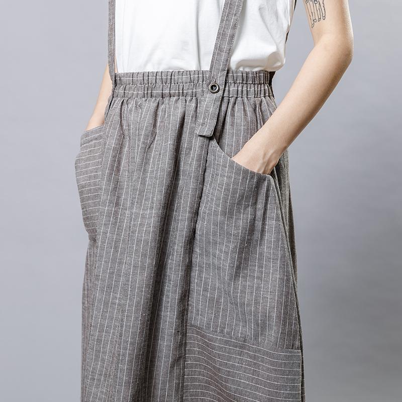 Summer Stripe Casual Literary Suspender Skirt