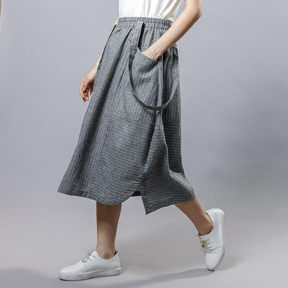Summer Stripe Casual Literary Suspender Skirt