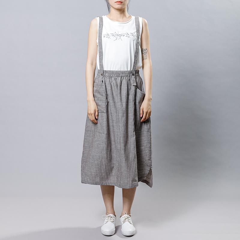 Summer Stripe Casual Literary Suspender Skirt