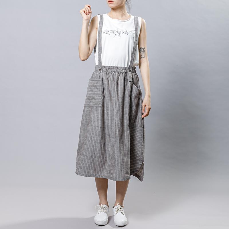Summer Stripe Casual Literary Suspender Skirt